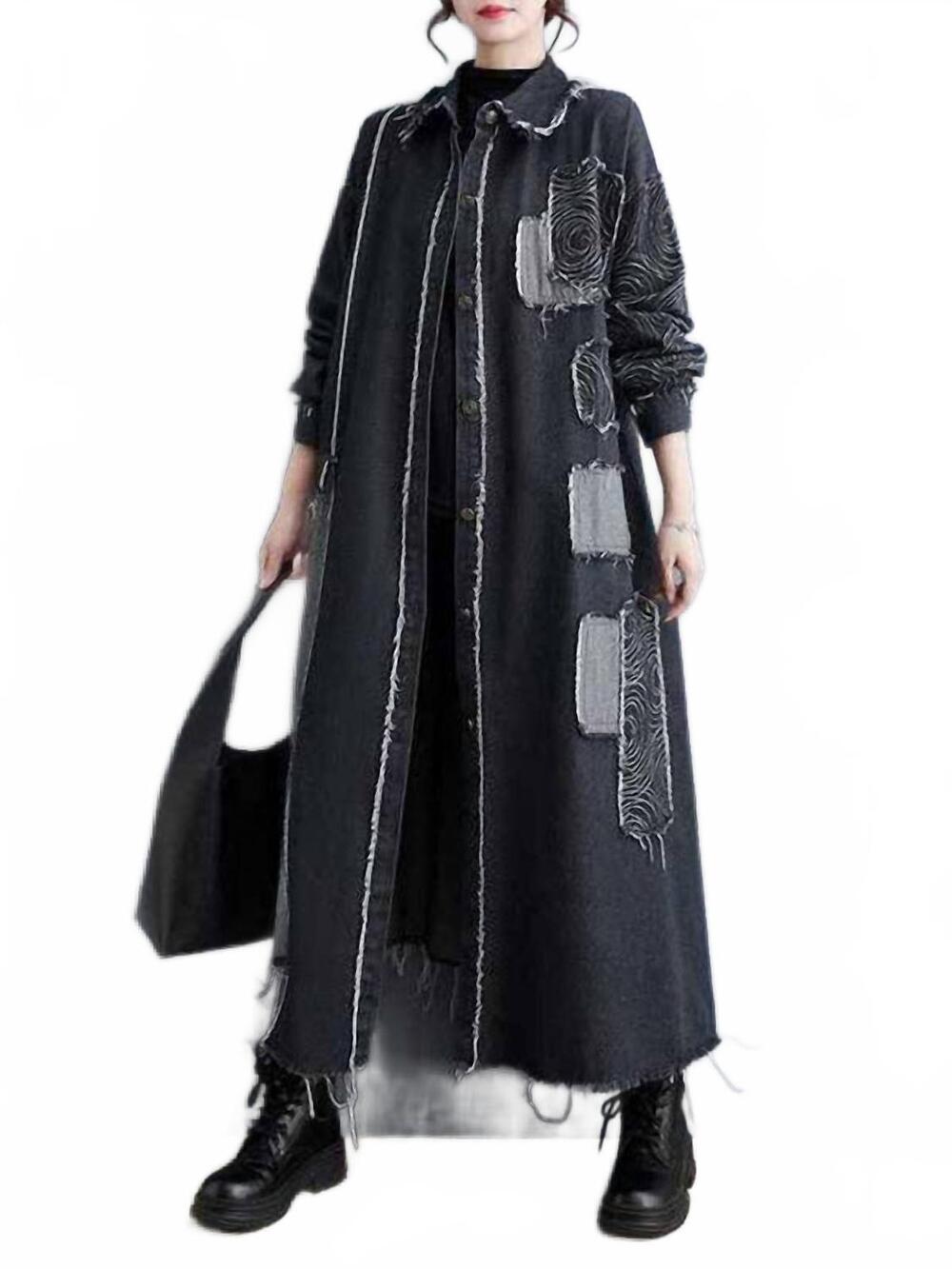 NEW UZWHOLESALE asymmetric buttoned fringed trench coat in black
